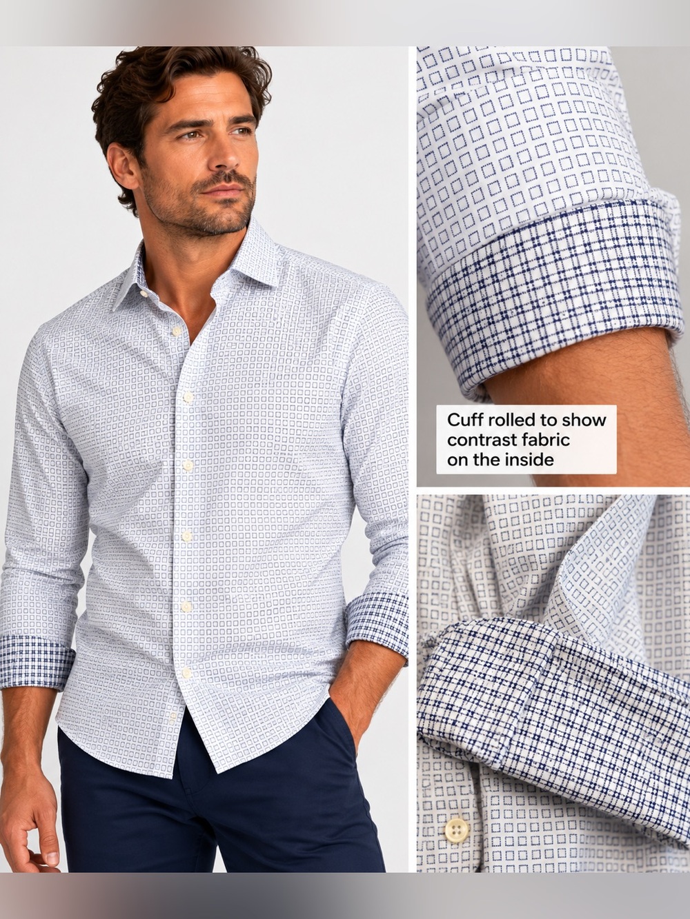 Charles Tyrwhitt Slim Fit Dress Shirt 17 33 White Blue Geometric 100% Cotton